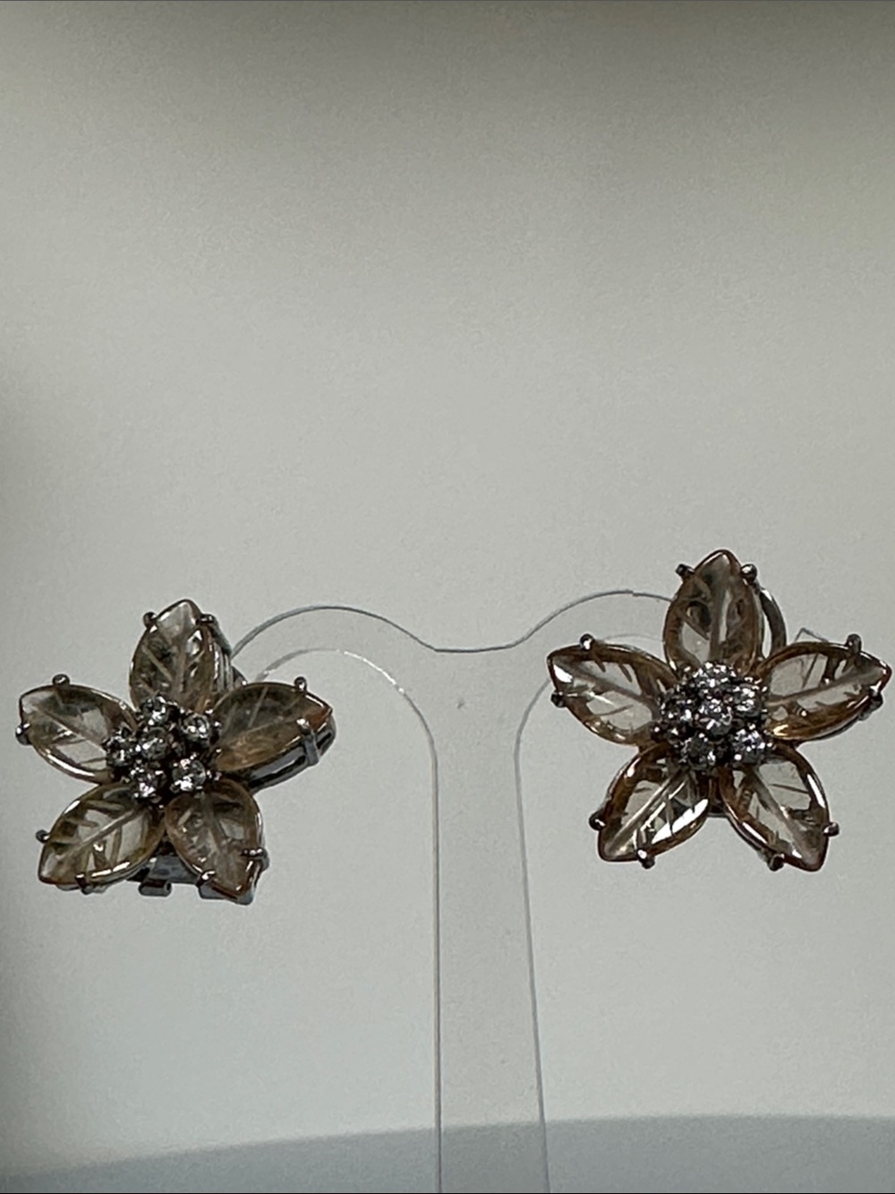 Sterling Silver Petal Citrine Floral Stud Earrings in Champagne Gold Tone